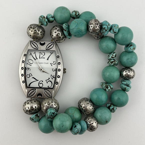 Coldwater Creek Watch Women 29mm Case Turquoise Bead Stretch Band- New Battery - Picture 1 of 6